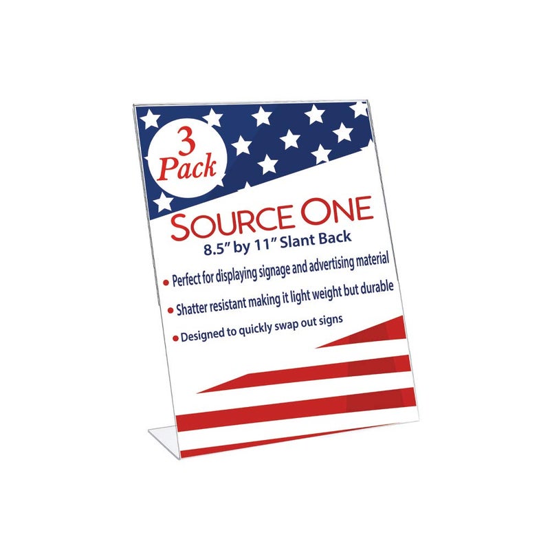 SOURCEONE.ORG 8.5 x 11 Thick Acrylic Slant Back Sign Holder, Ad Frame, Picture Frame, Clear sign holder, Acrylic flyer holder for Business, Office, Events, Trade Shows, Museums, Retail Stores (3 Pack) - Image 1